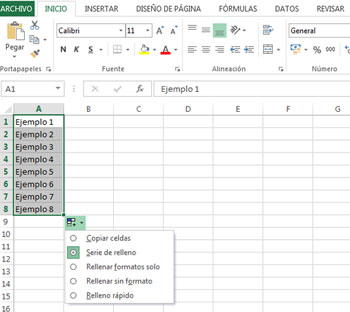 Opciones de autorrelleno en Excel 2013