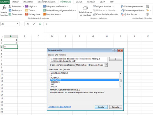 Ejemplo de la función producto en Excel 2013