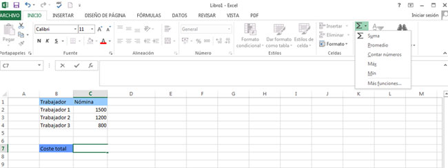 Botón autosuma en Excel 2013