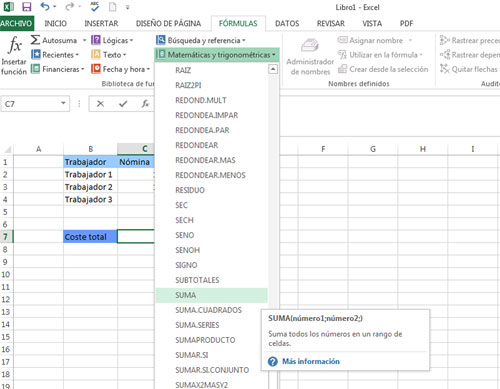 Insertar función pinchando en la categoría en Excel 2013