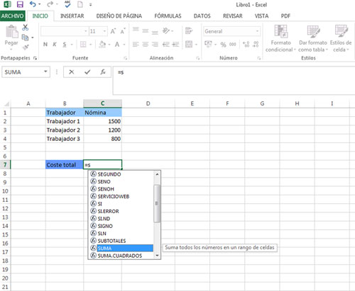 Insertar función desde la celda en Excel 2013
