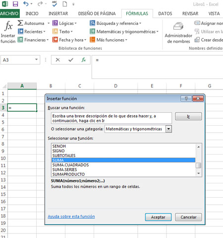 Cuadro de insertar función en Excel 2013