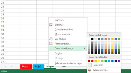 Cambiar color de las pestañas en Excel 2013