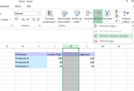 Eliminar columnas en Excel 2013