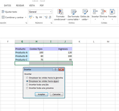 Insertar celdas en Excel 2013