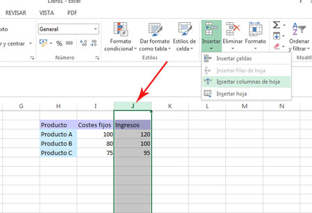Insertar columnas en Excel 2013