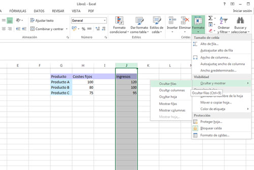 Ocultar una columna en Excel 2013