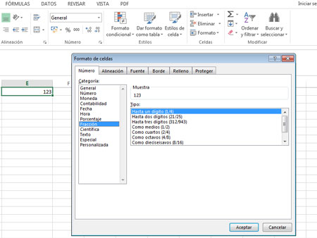 Formato fracción en Excel 2013