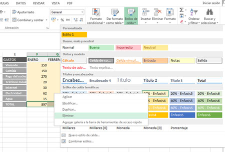 Eliminar un estilo en Excel 2013