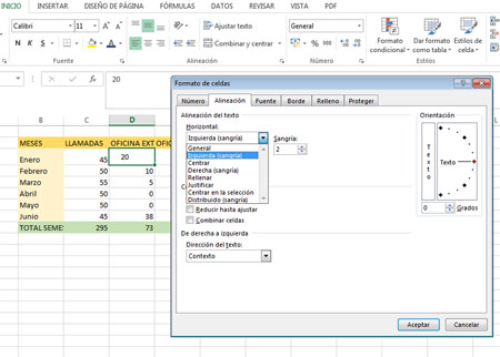 Alineación horizontal en Excel 2013
