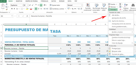 Ajustar filas y columnas en Excel 2013