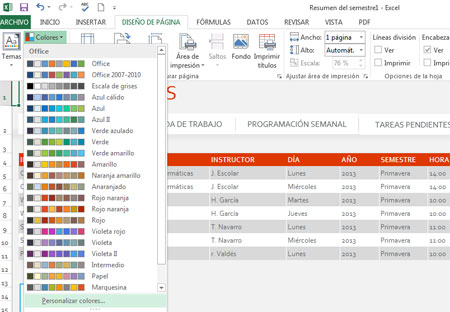 Colores de los temas en Excel 2013