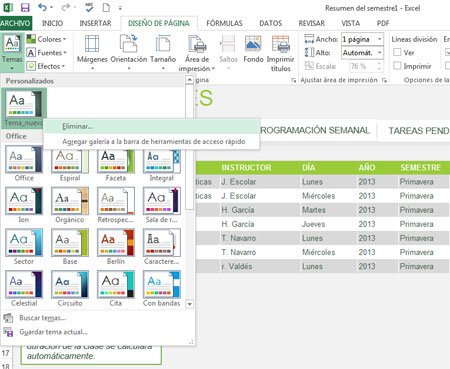 Eliminar temas en Excel 2013