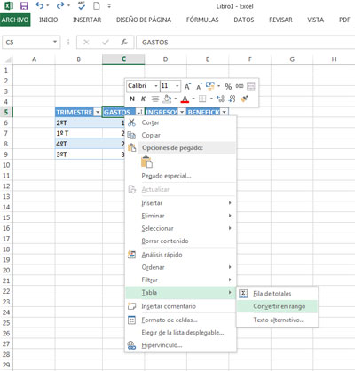 Convertir una tabla en rango en Excel 2013