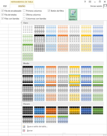 Estilos de tabla en Excel 2013