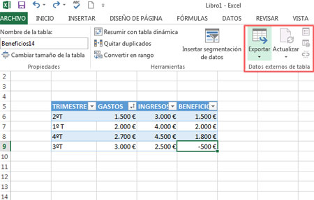 Exportar una tabla en Excel 2013