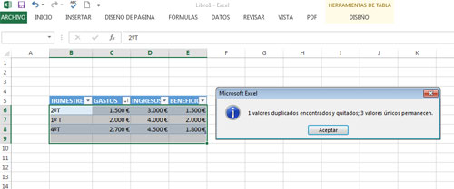 Quitar duplicados en una tabla en Excel 2013