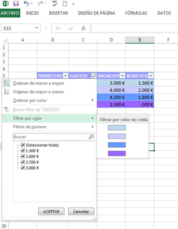 Filtrar por color en Excel 2013