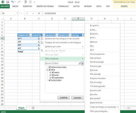 Filtrar por fecha en Excel 2013