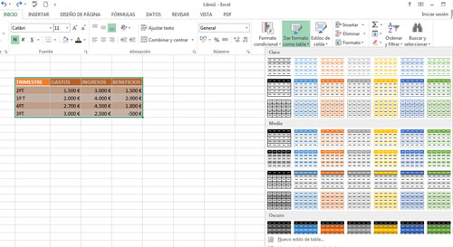 Como aplicar el formato de tabla en Excel 2013