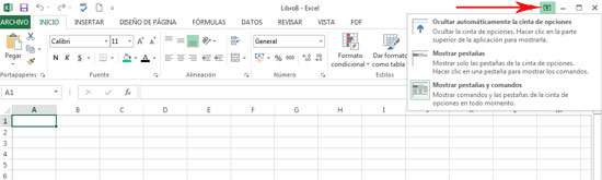 Opciones de presentación de la cinta de opciones en Excel 2013