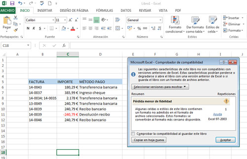 Comprobar compatibilidad en Excel 2013